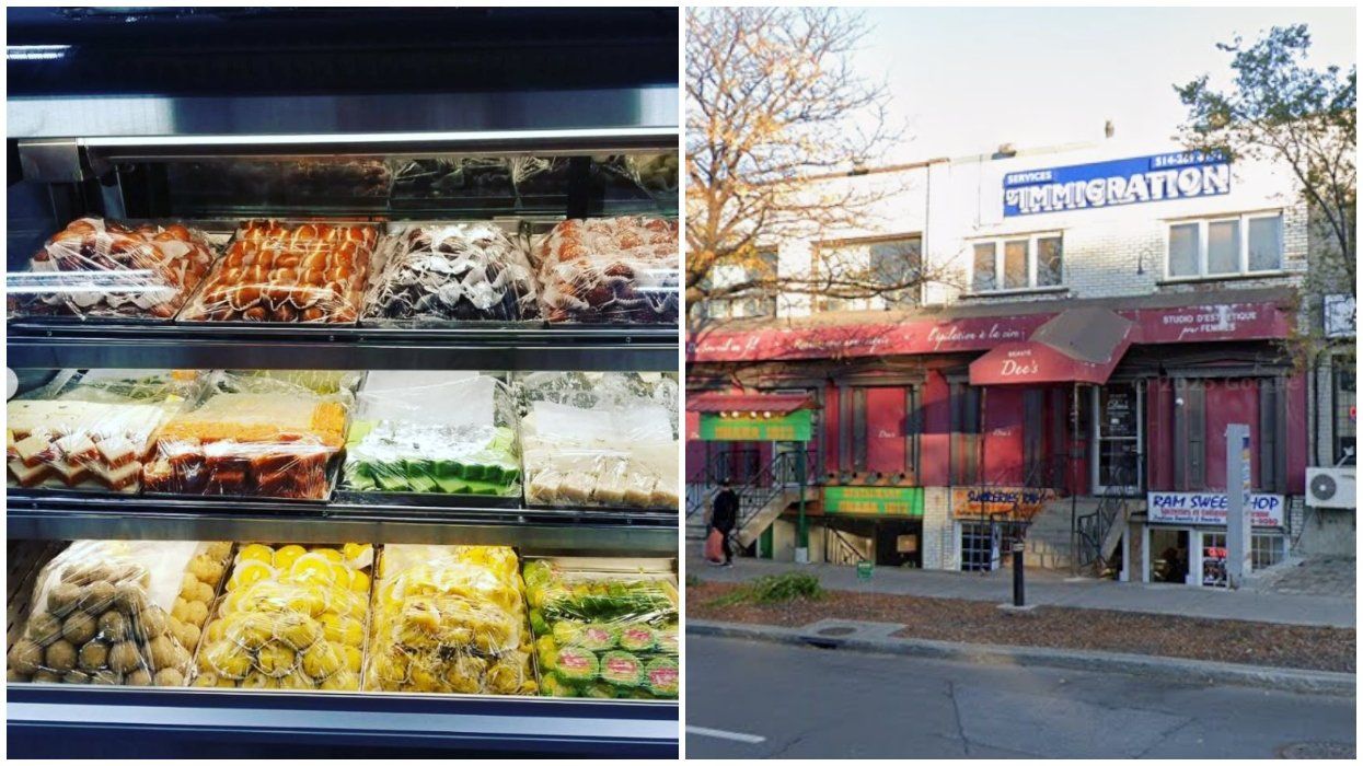 The inside of Ram Sweet Shop in Montreal. Right: The outside of a Montreal bakery.
