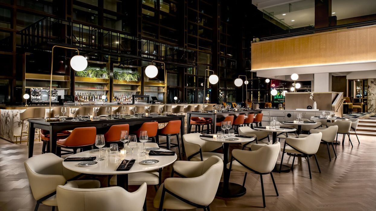 The inside of the restaurant at night.