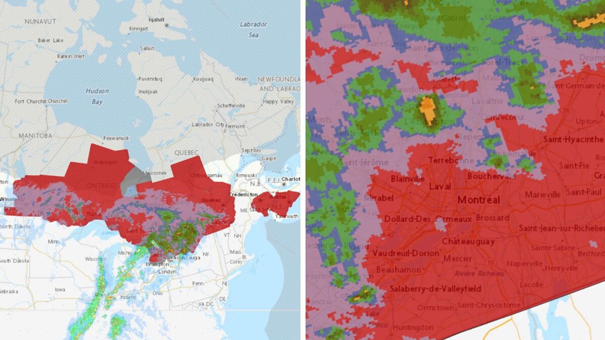 The interactive ECCC map with layers showing weather radar (blotches of green, blue and yellow) and areas subject to weather warnings (patches of red).