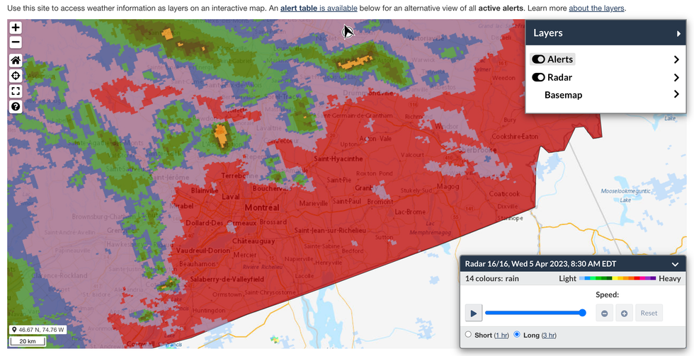 The interactive ECCC map with layers showing weather radar (blotches of green, blue and yellow) and areas subject to weather warnings (patches of red) in southern Quebec on. April 5, 2023.