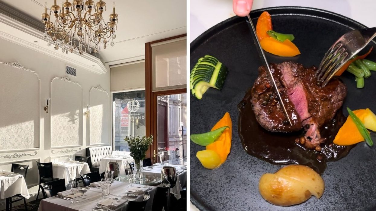 The interior dining room at Restaurant Bonaparte in Montreal. Right: A person cutting into a medium-rare filet mignon at Bonaparte in Montreal.