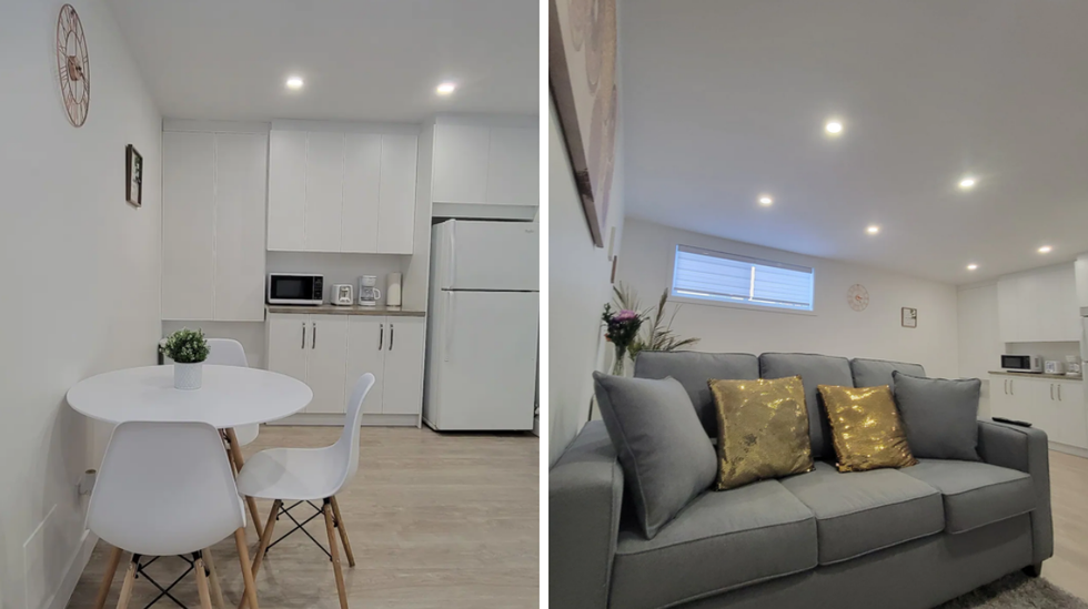 The interior of a basement Airbnb in Quebec.