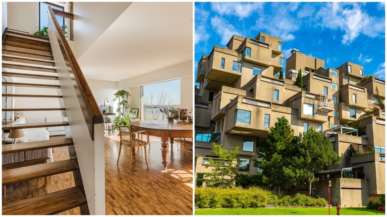 The interior of a condo in Habitat 67. Right: Habitat 67 in Montreal.