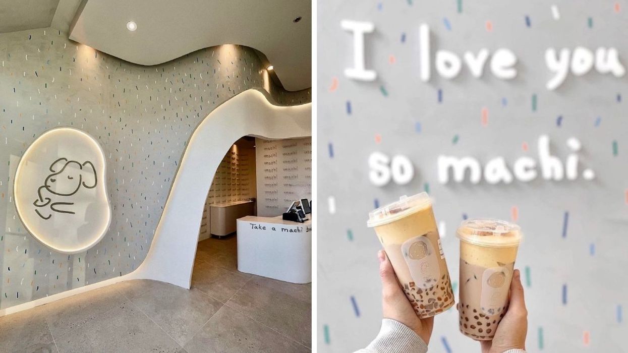 The interior of a Machi Machi bubble tea shop in Toronto, Ontario. Right: Two people holding up bubble teas at Machi Machi.