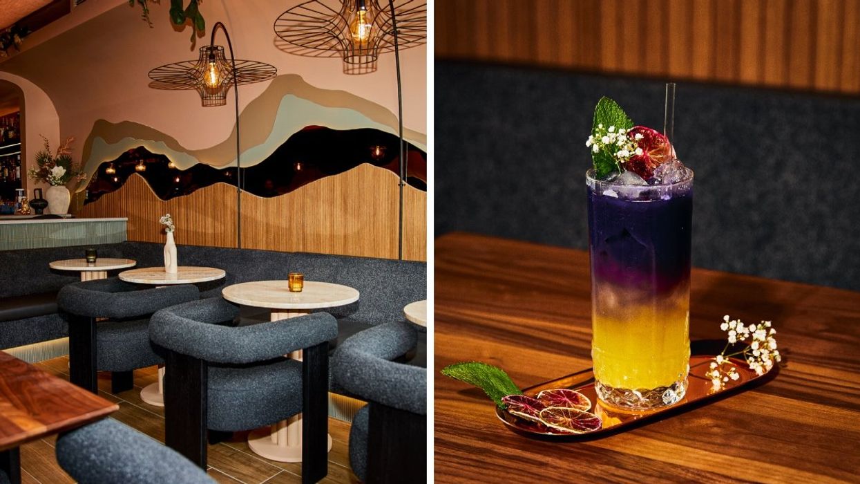 The interior of a Montreal cocktail bar with cushioned seating and hanging light fixtures. Right: A purple, and yellow cocktails with various garnishing on top.