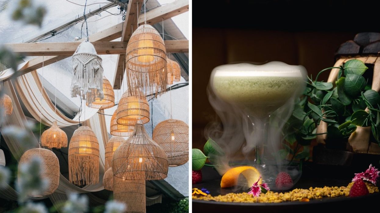The interior of a new terrasse opening in Montreal, Quebec, Right: A cocktail from Terrasse Maya in Montreal, Quebec.