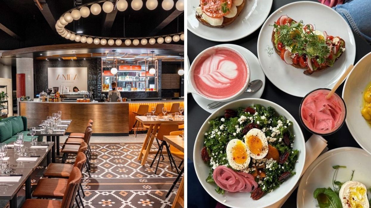 The interior of Améa Café in Montreal. Right: A few dishes from Améa Café laid out across a table.