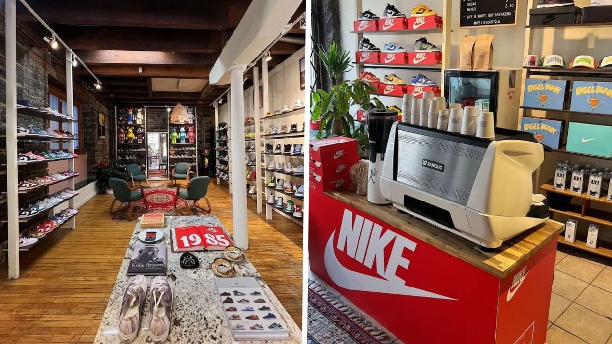 The interior of Felix Sneaker + Espresso Bar in Montreal's Old Port.