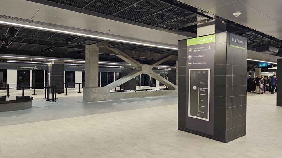 The interior of Gare Centrale as viewed from the door of a REM car.