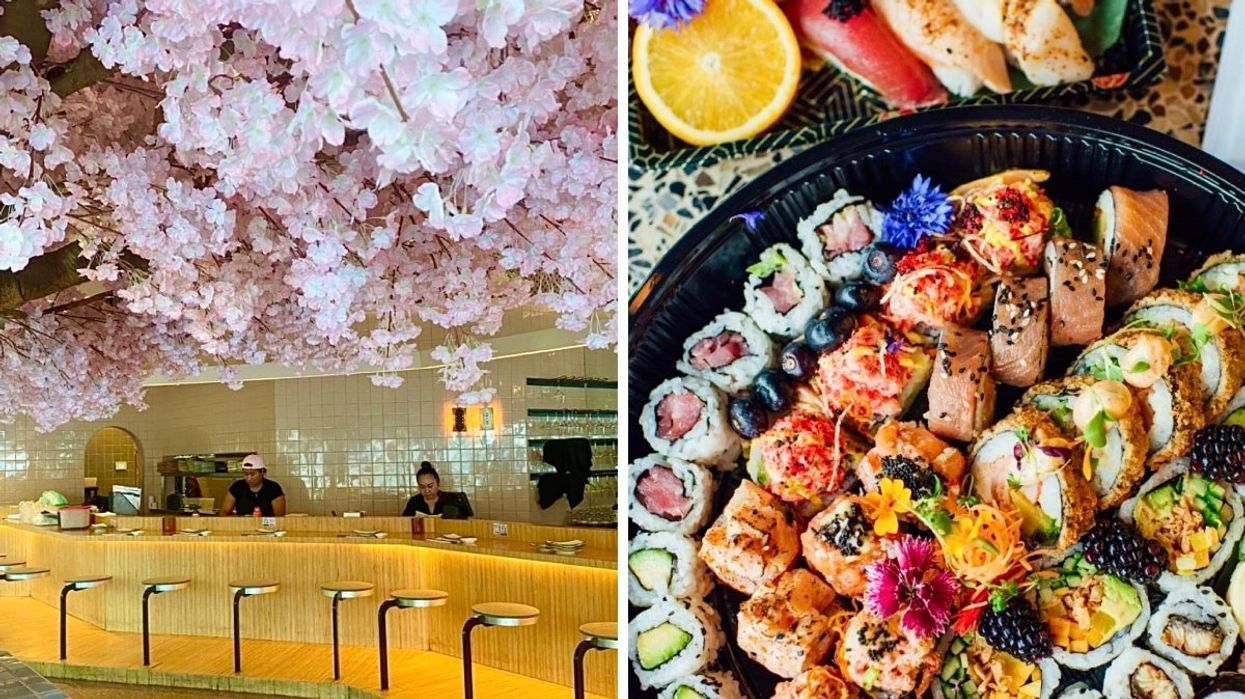 The interior of Le Blossom with a massive cherry blossom hanging from the ceiling. Right: A colourful platter of various sushi rolls.