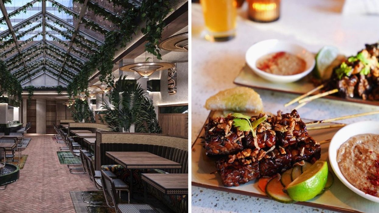 The interior of Le Garden Room Mae Sri in Montreal, Quebec, Right: A gluten free meat skewer served at Satu Lagi restaurant in Montreal, Quebec.