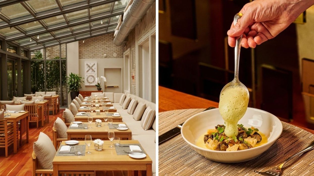 The interior of Maison Boulud at Montreal's Ritz-Carlton Hotel. Right: A Maison Boulud dish made up of snail, garlic royale, parsley butter, wild mushroom, crouton, and parsley emulsion.