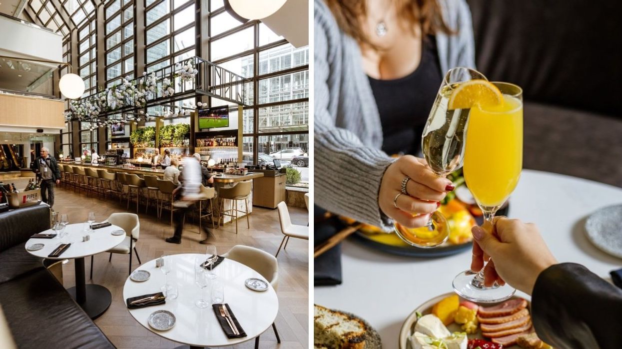 The interior of Montreal restaurant Stanley. Right: Two people clinking their mimosa glasses.