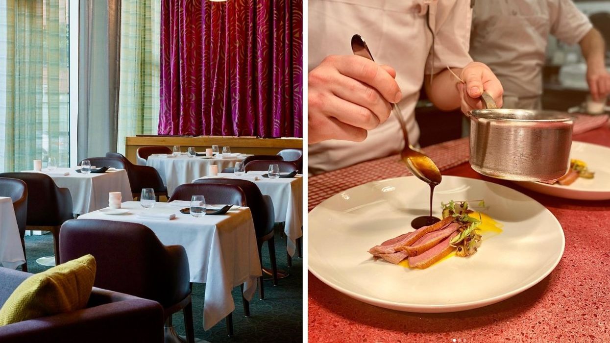 The interior of Montreal restaurant Toque! Right: The chef at Restaurant Toque! plating a dish.
