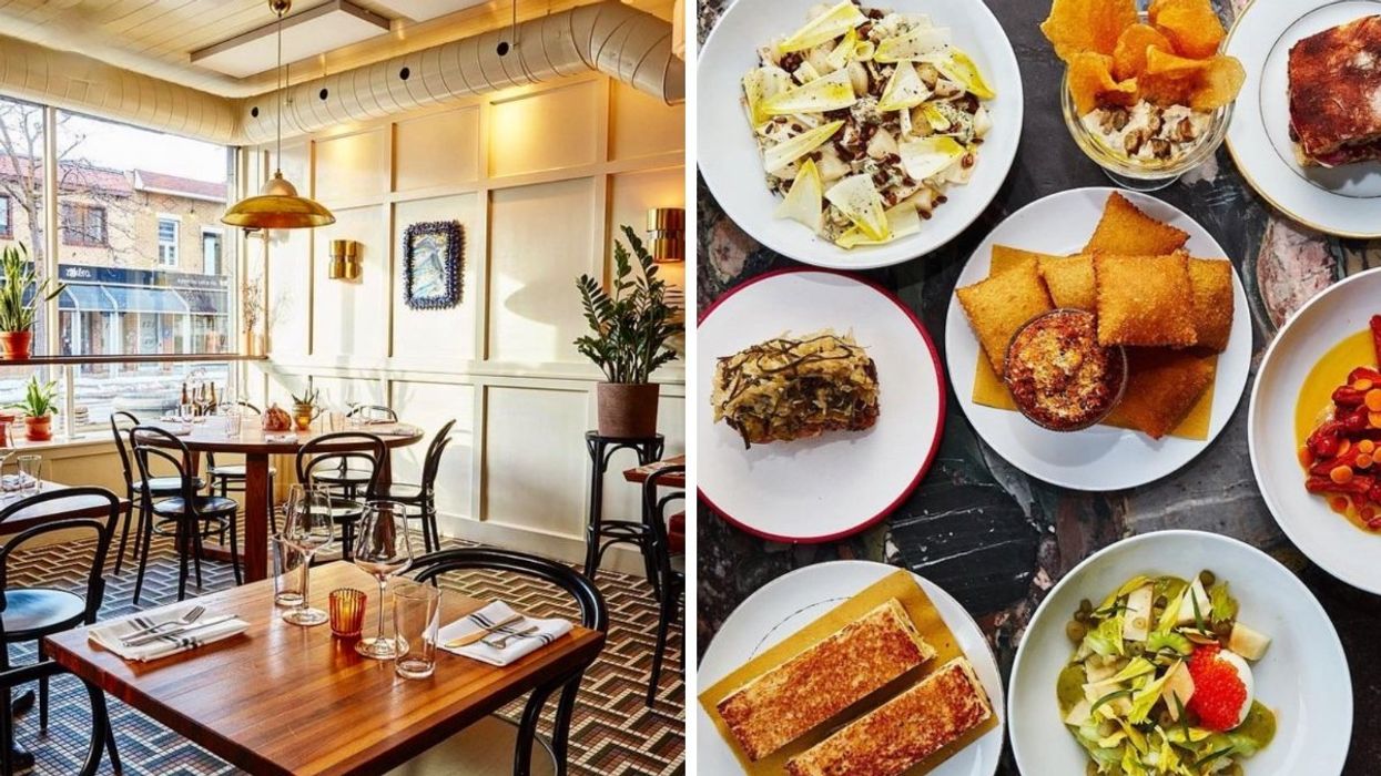 The interior of the Montreal restaurant Vin Mon Lapin. Right: A birds-eye view photo of several Vin Mon Lapin dishes atop a black counter top.