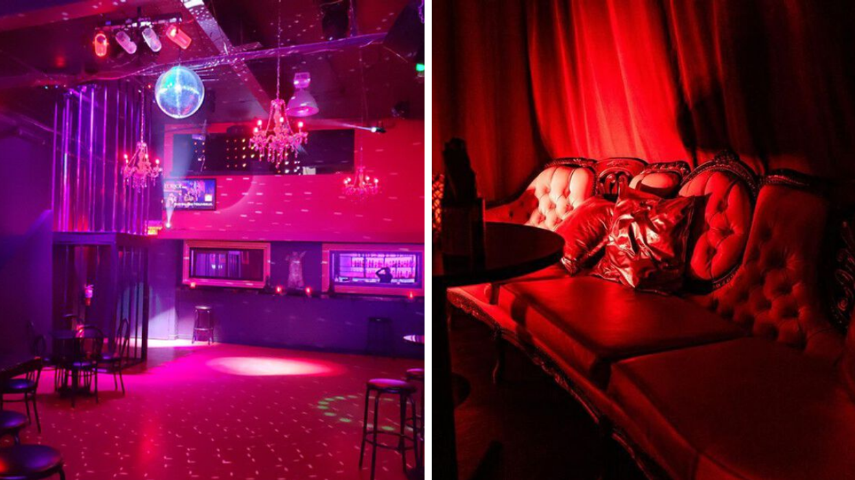 The interior of two Montreal sex clubs, featuring a disco dance floor and a couch with pillows.