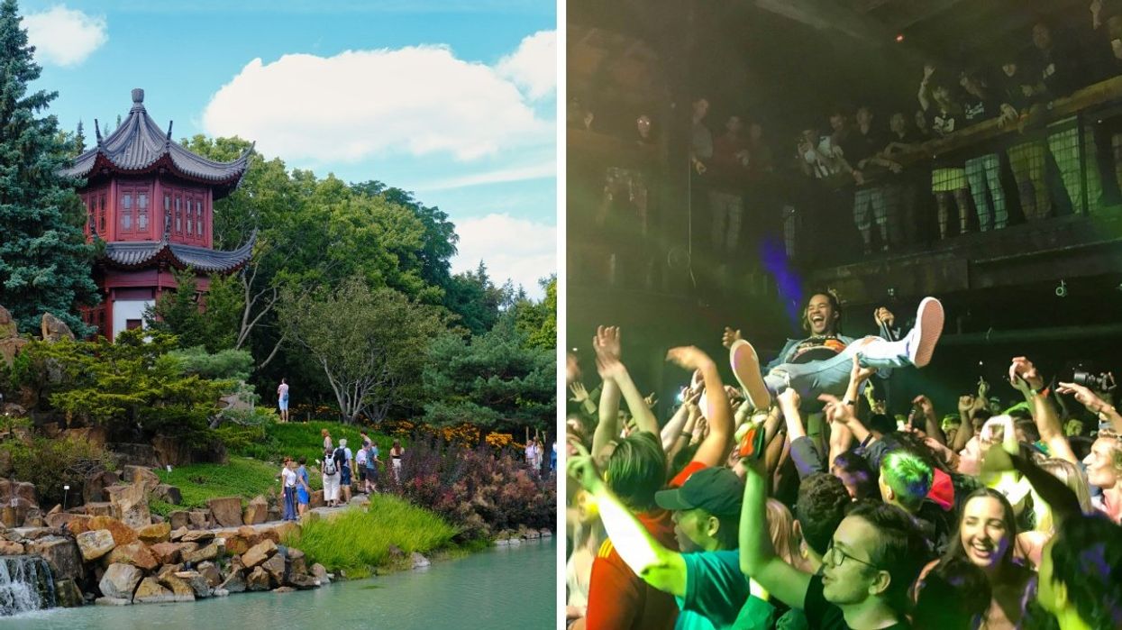 The Japanese gardens at the Montreal Botanical Garden. Right: A performer crowd surfing during a show. 