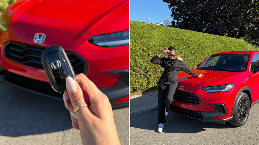 The key fob to the Honda HR-V. Right: Mahnoor wearing a black outfit and white shoes poses in front of the Honda HR-V.