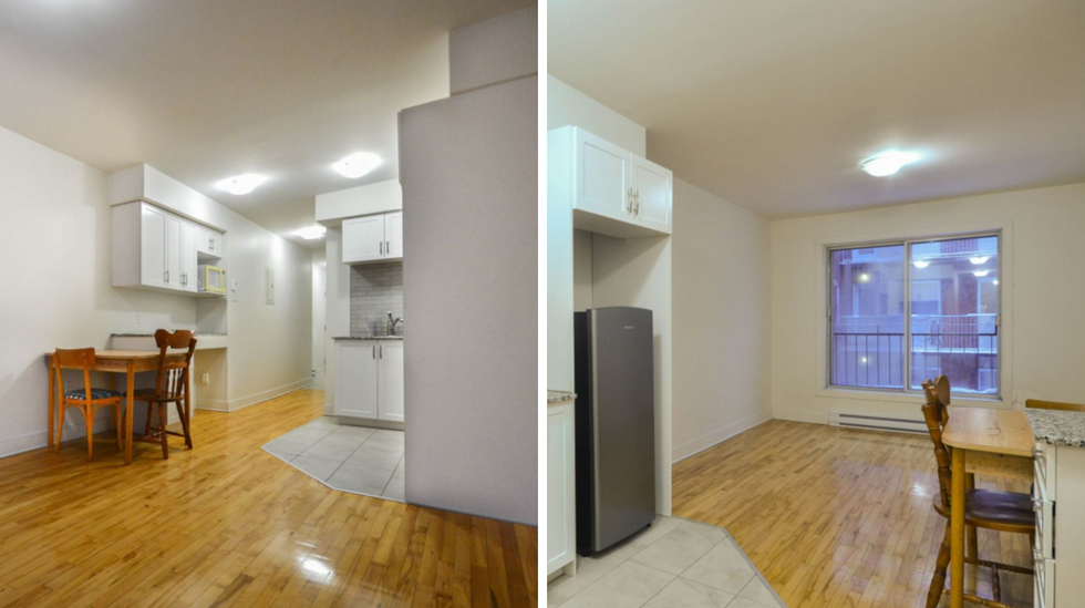 The kitchen and dining nook of the open-plan studio. Right: Another view of the same (and only) space.
