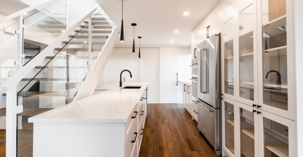 The kitchen in a condo for sale in Habitat 67.
