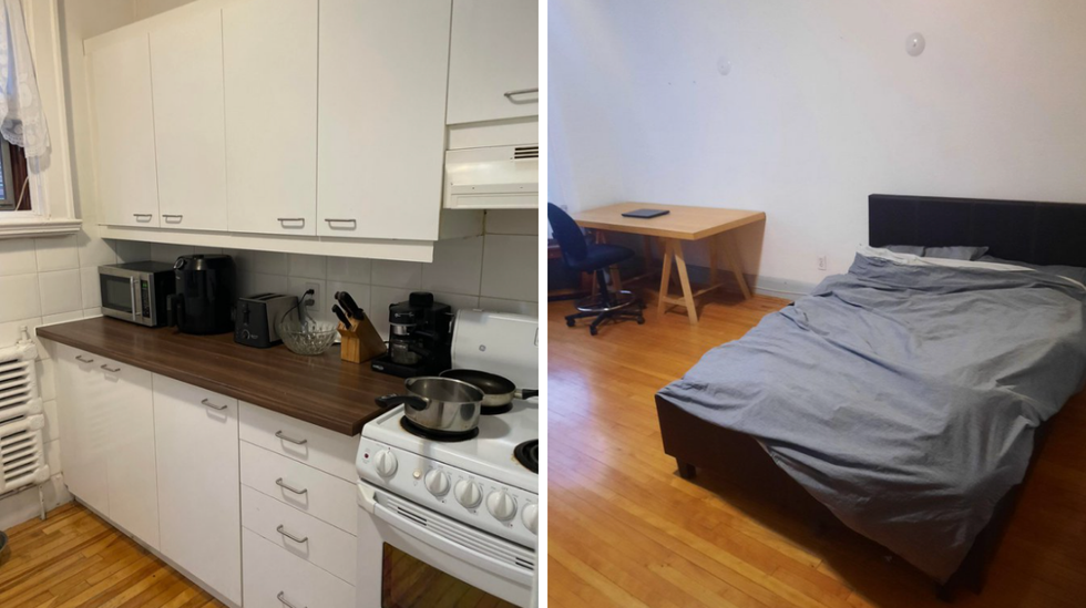 The kitchen space in a shared apartment. Right: A bedroom and workspace in the same apartment.