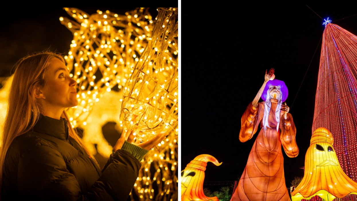 The light horses inspired by the Cavalia show at Laval's Illumi, Right: Halloween decorations at Laval's Illumi 2022.
