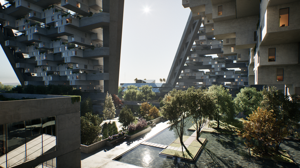 The living areas are built on top of a park with waterways.