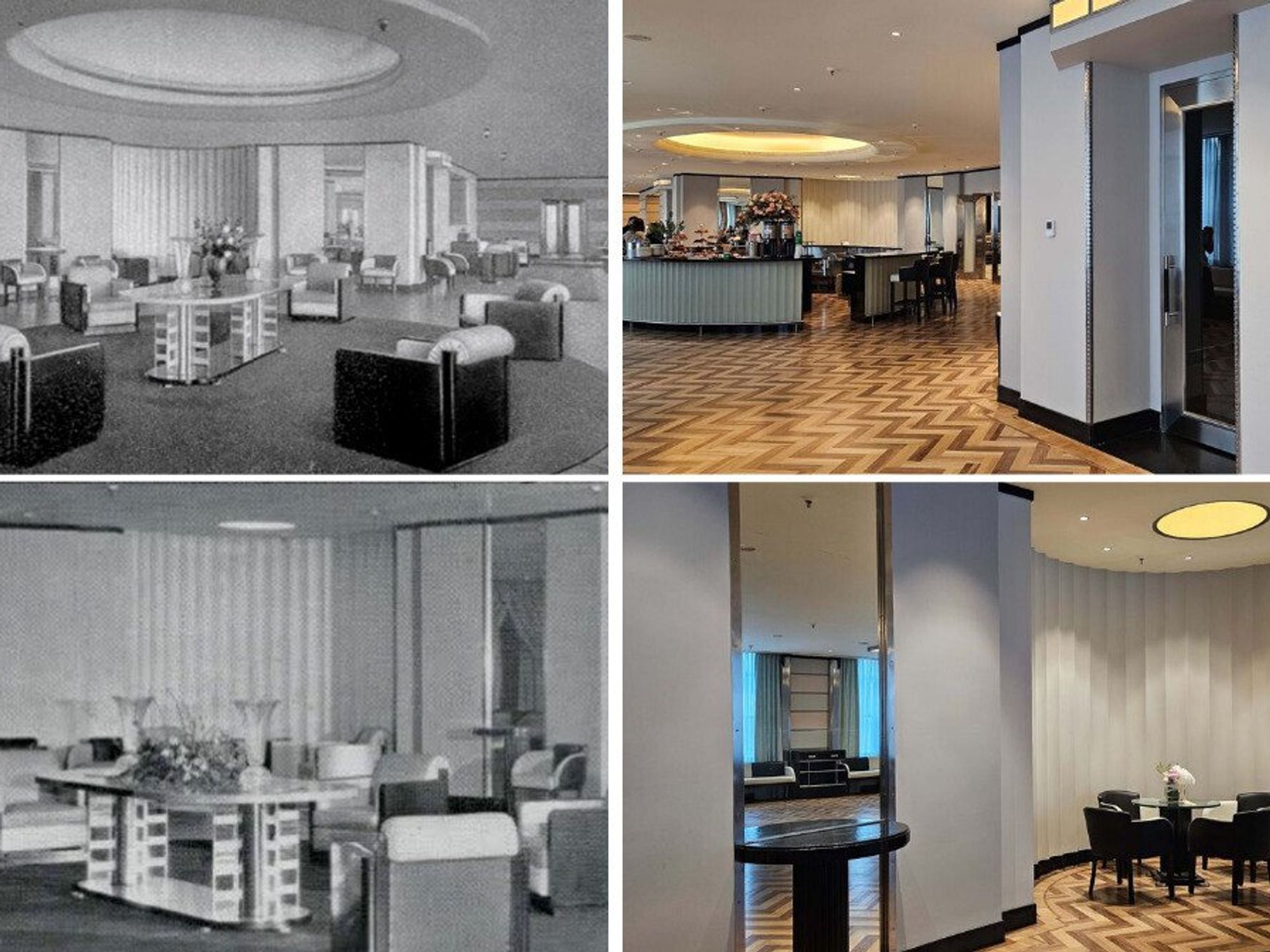 The main foyer of Le 9e prior to closure with a massive overhead recessed light. Right: The same areas now feature a new bar and zig-zag flooring.