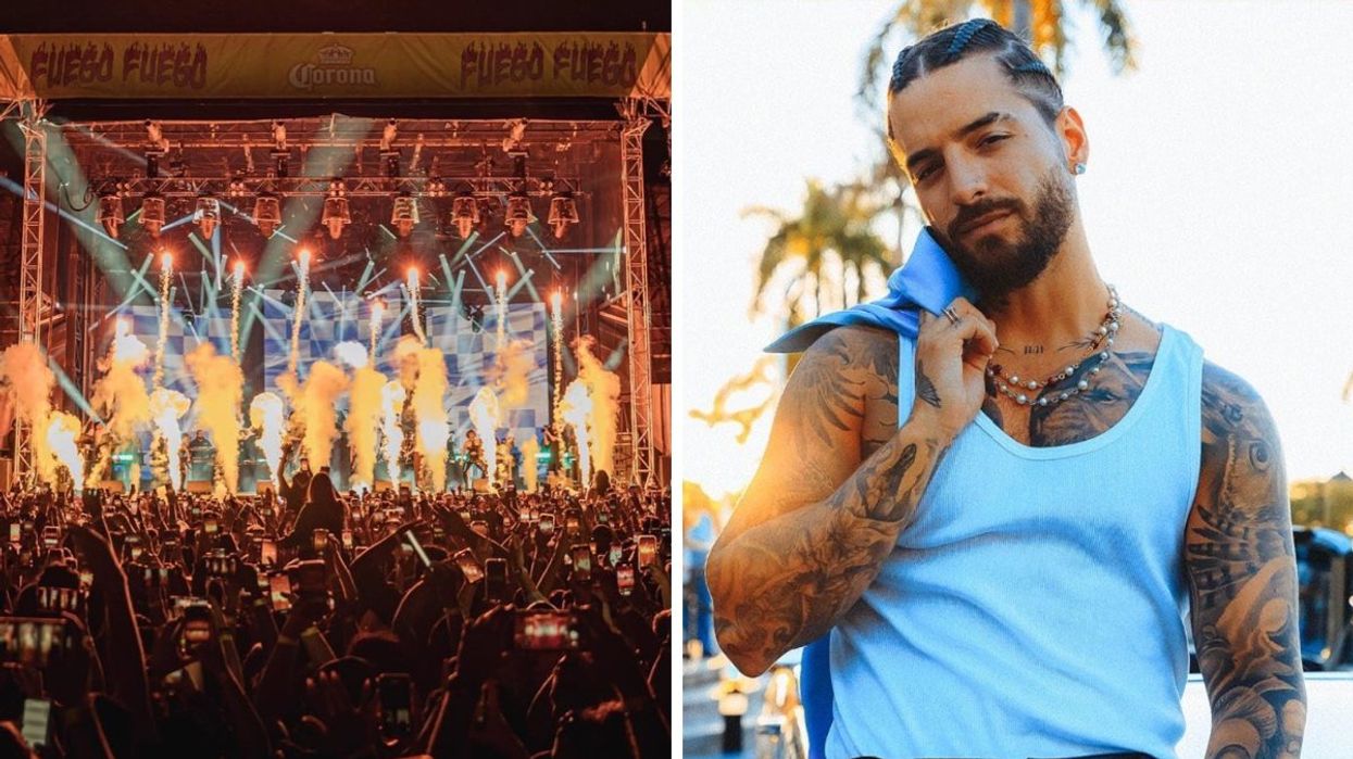 The main stage at Montreal's Latin music festival Fuego Fuego. Right: A photo of Maluma wearing a white cut off tee.