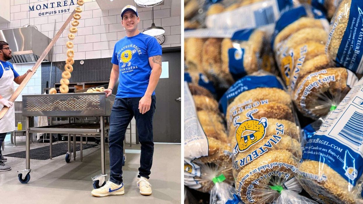 The manager of the new Anjou St-Viateur bakery stands by a row of bagels. Right: A pile of iconic bagged bagels.
