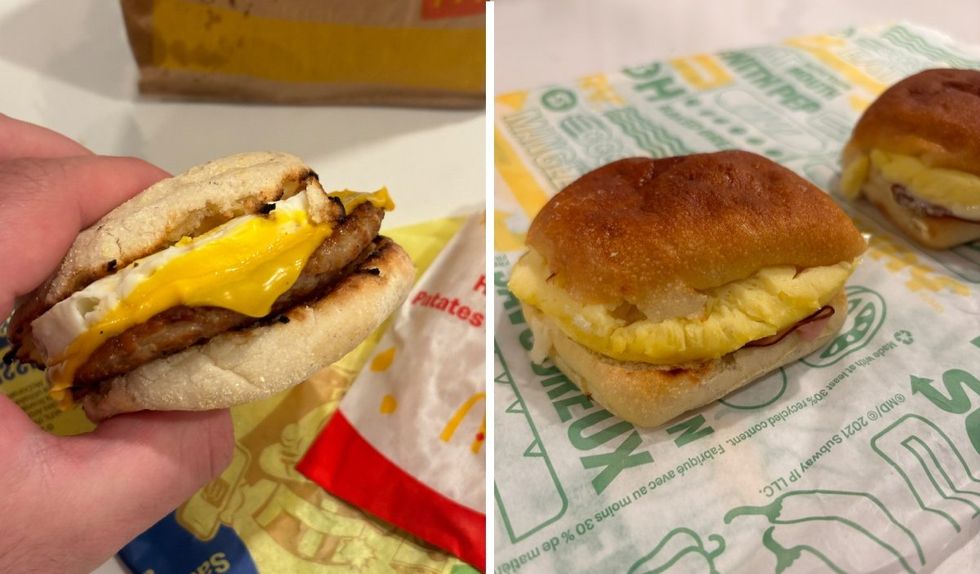 The McDonald's McMuffin. Right: The Subway breakfast sandwich.
