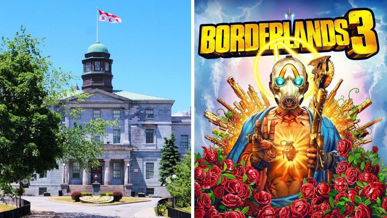 The Mcgill Univeristy arts building. Right: A shirtless cartoon character from Borderlands 3, wearing a gas mask surrounded by weapons and roses, holds up three fingers.