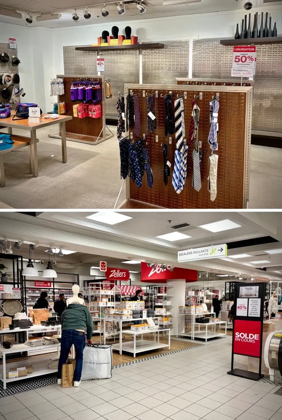 The men's ties section at the Bay. Right: The Zellers section at The Bay