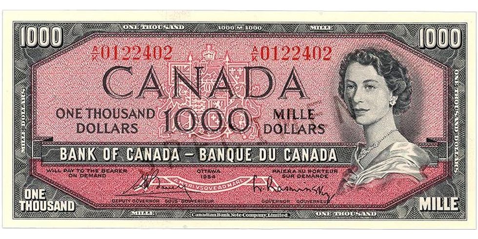 The modified version of Canada's $1,0000 note from 1954.