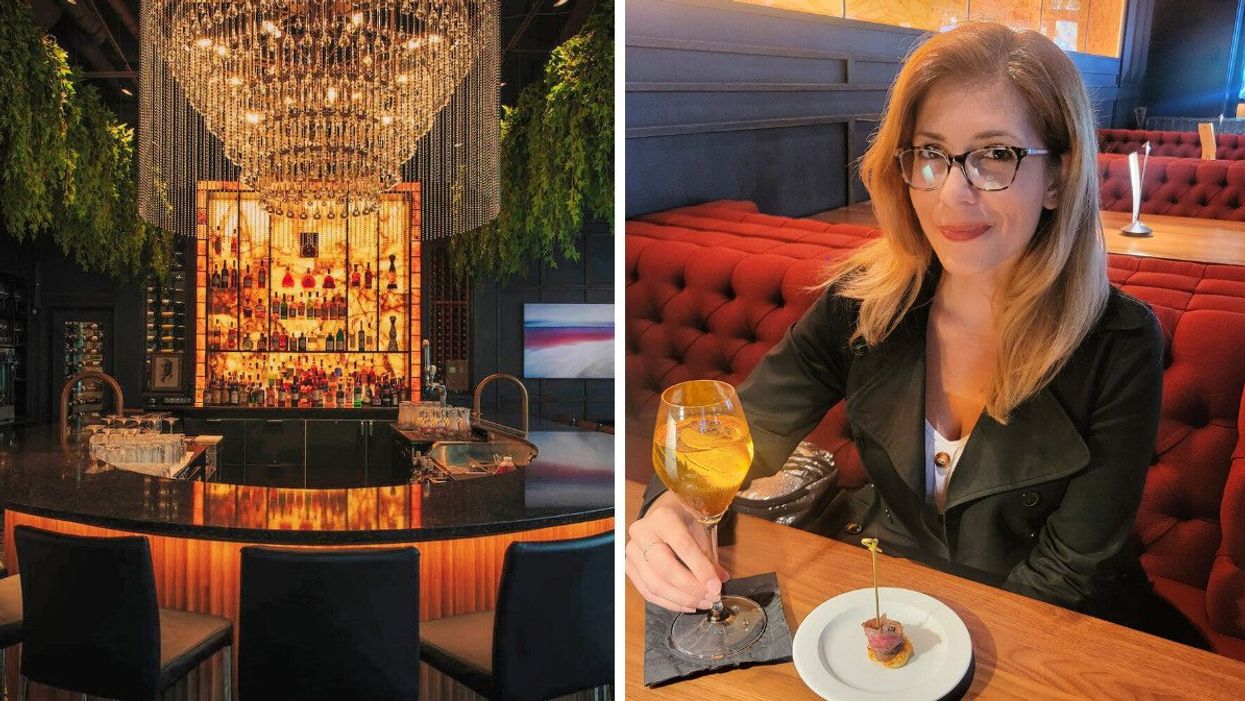 The Moishes bar with a chandelier and hanging plants. Right: Sofia in a red booth.