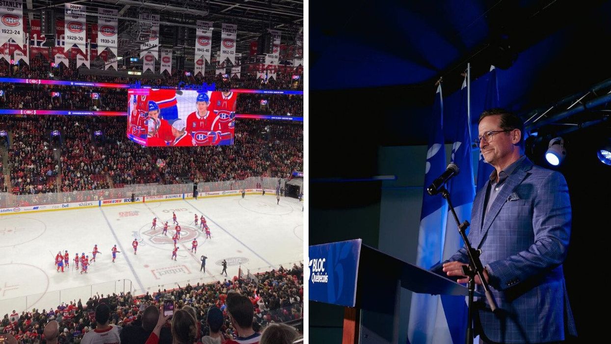 The Montreal Canadiens celebrate a win. RIght: Yves-Francois Blanchet gives a speech.