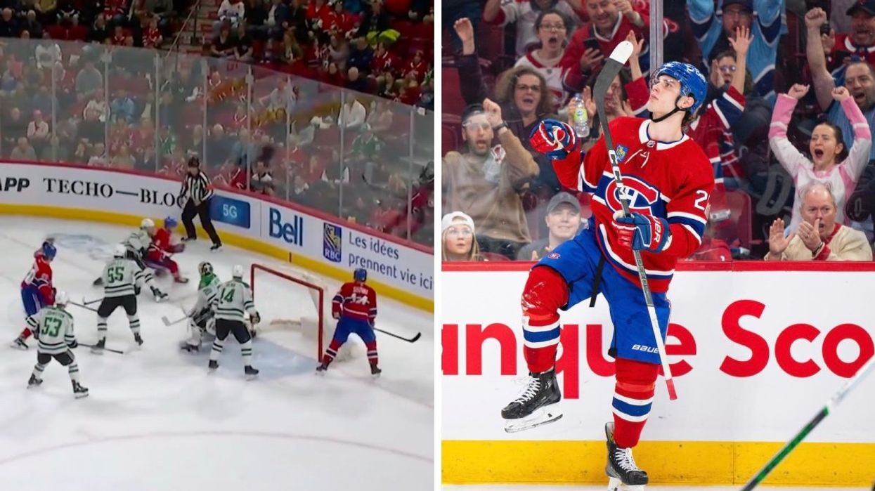 The Montreal Canadiens playing against the Dallas Stars at the Bell Centre. Right: Juraj Slafkovsky celebrating a goal on-ice.