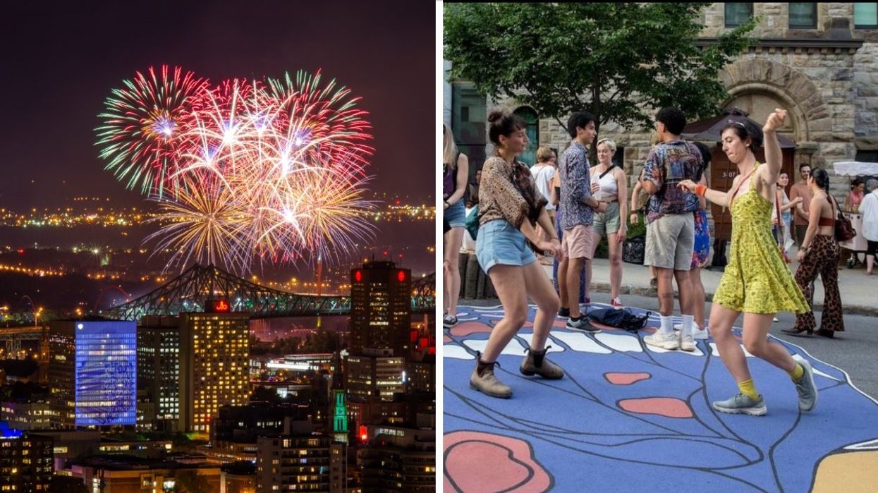 The Montreal fireworks. Right: People dancing outside of the Montreal Museum of Fine Arts. 
