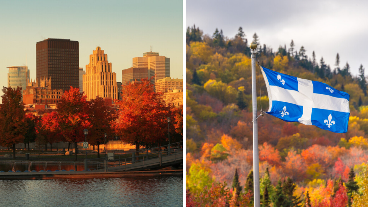 The Montreal Old Port in fall. Right: Quebec flag and fall colours.