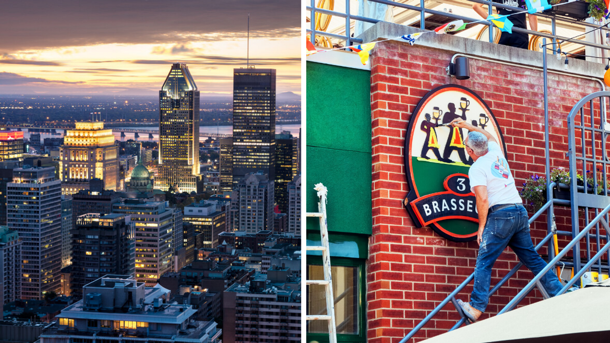 The Montreal skyline at night. Right: Someone paints a 3 Brasseurs sign outside the restaurant.