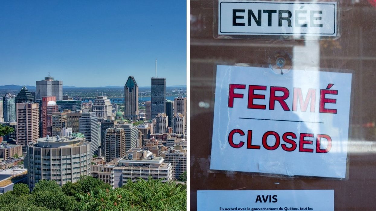 The Montreal skyline during the summertime taken from the Mont-Royal lookout. Right: A "closed" sign on a Montreal business.