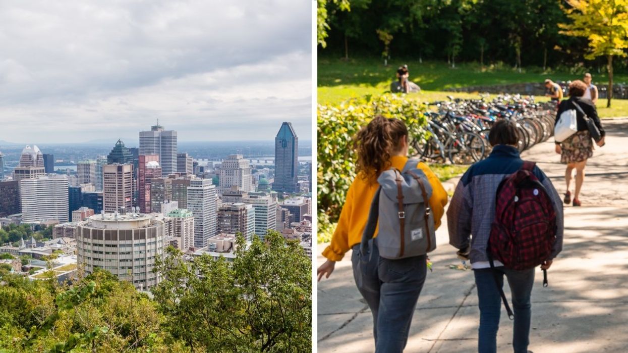 The Montreal skyline from Mont-Royal. Right: Students walking on the Université de Montreal campus.