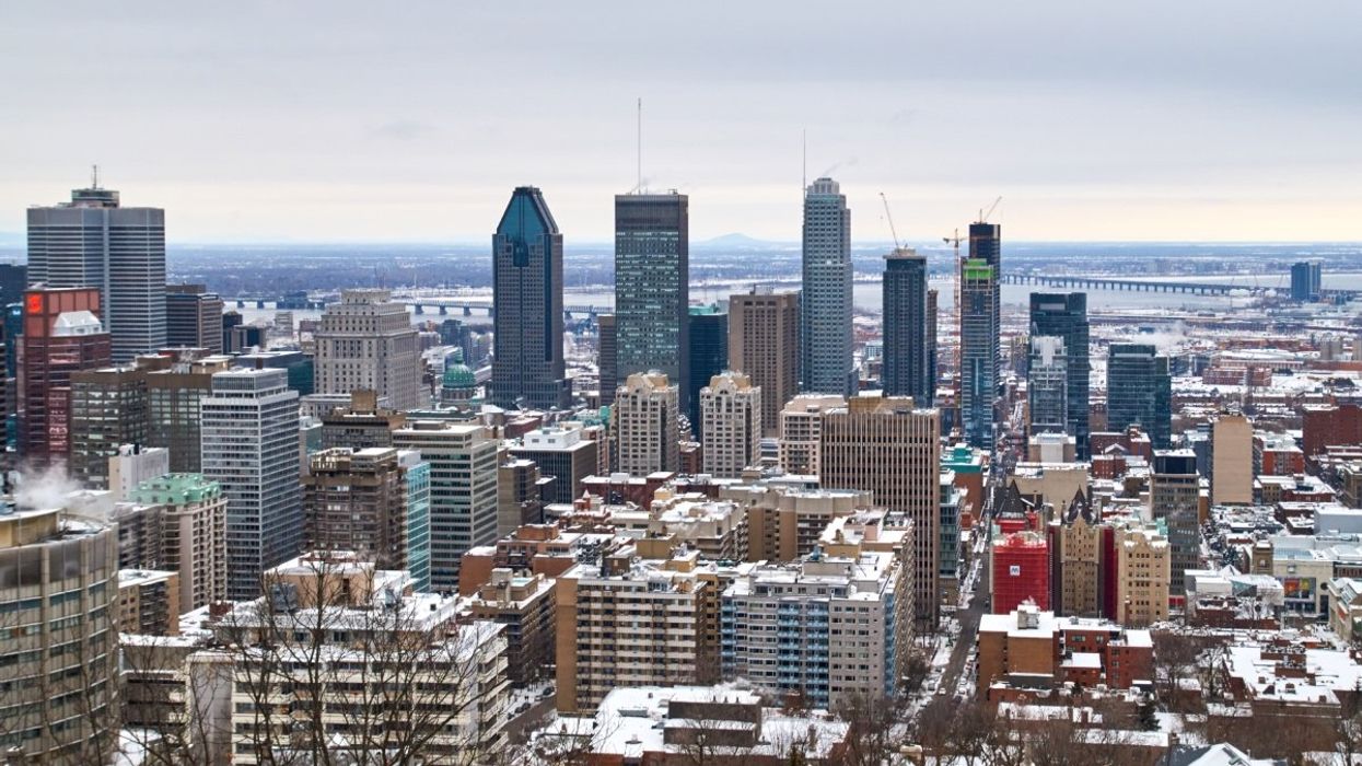 The Montreal skyline from the Mont-Royal lookout during the wintertime.