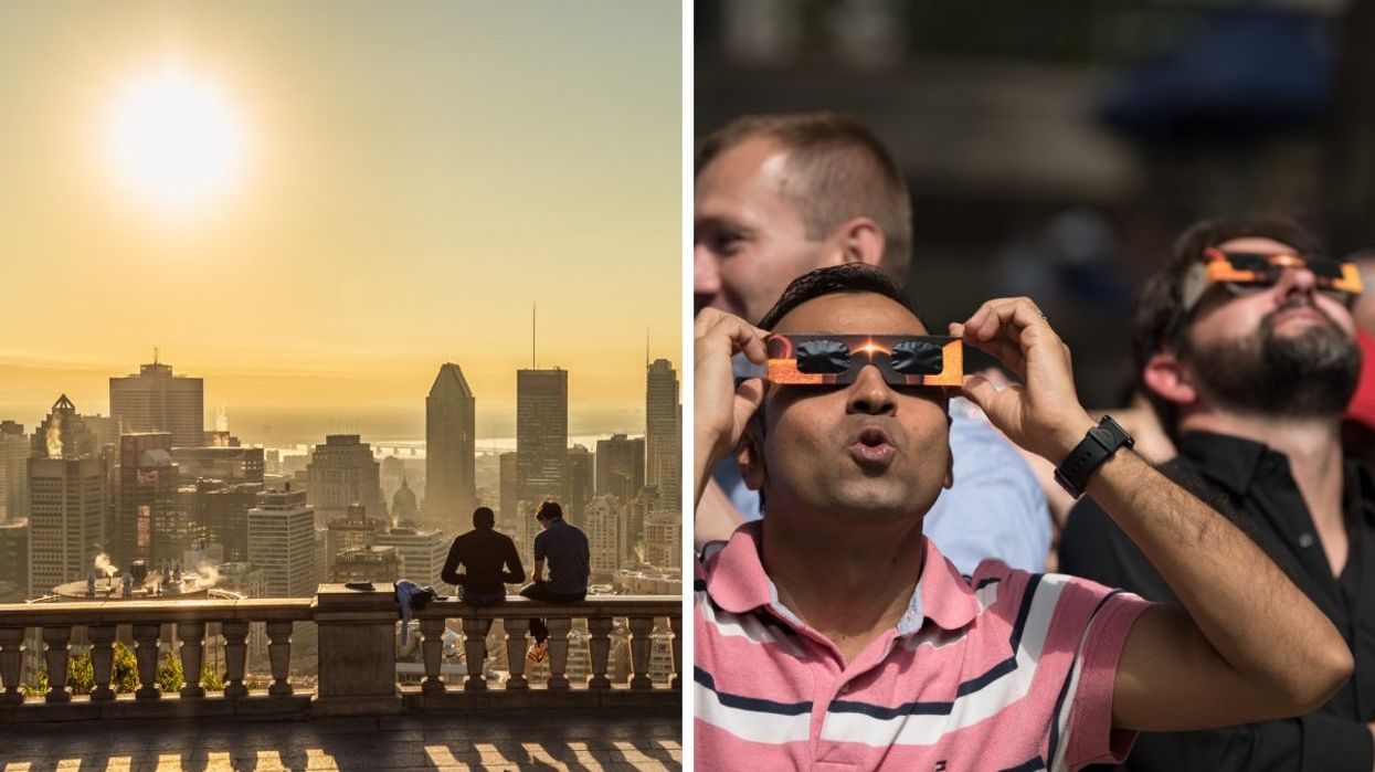 The Montreal skyline taken from Mont-Royal mountain during peak summertime. Right: A person starting into a solar eclipse while wearing safety viewing glasses.