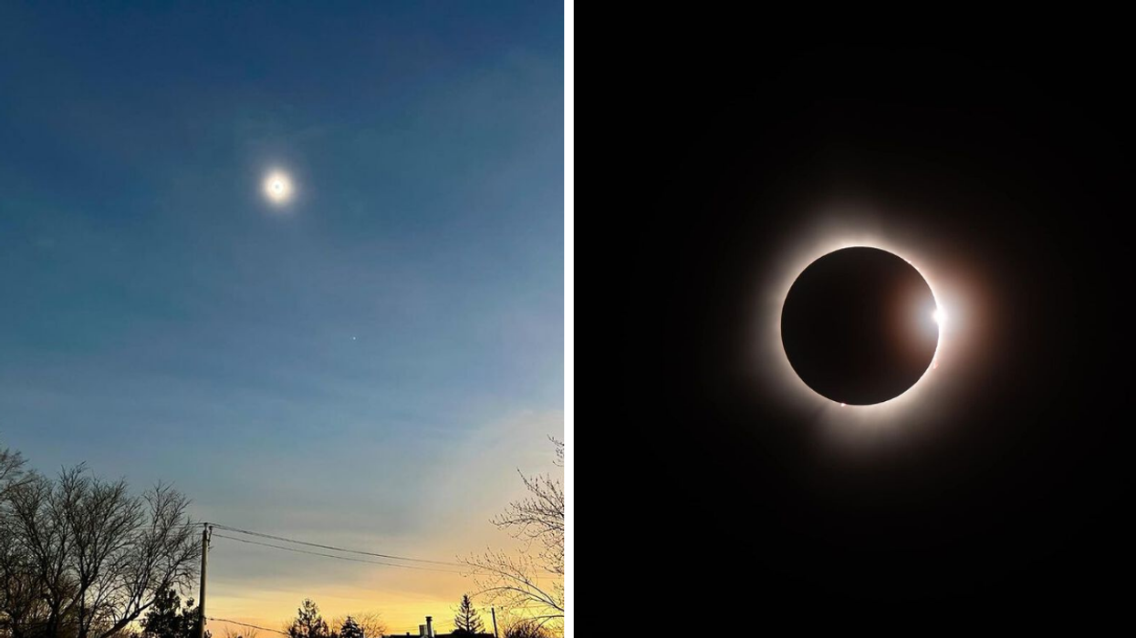 The moon and surrounding sky during Montreal's total solar eclipse. Right: The barely-visible sun peeks out like a ring of light during the April 8, 2024 eclipse.