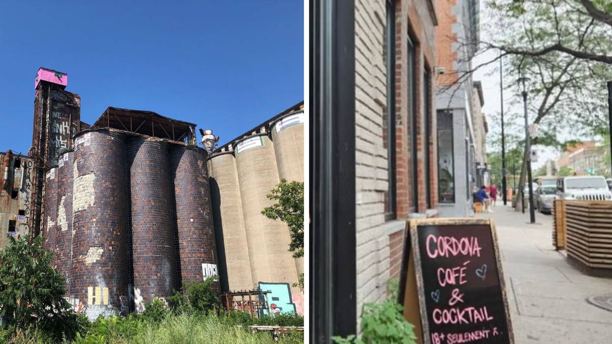 The mysterious pink house in Montreal's Saint-Henri. Right: A sign for Cordova Coffee & Cocktails on a Saint-Henri street.