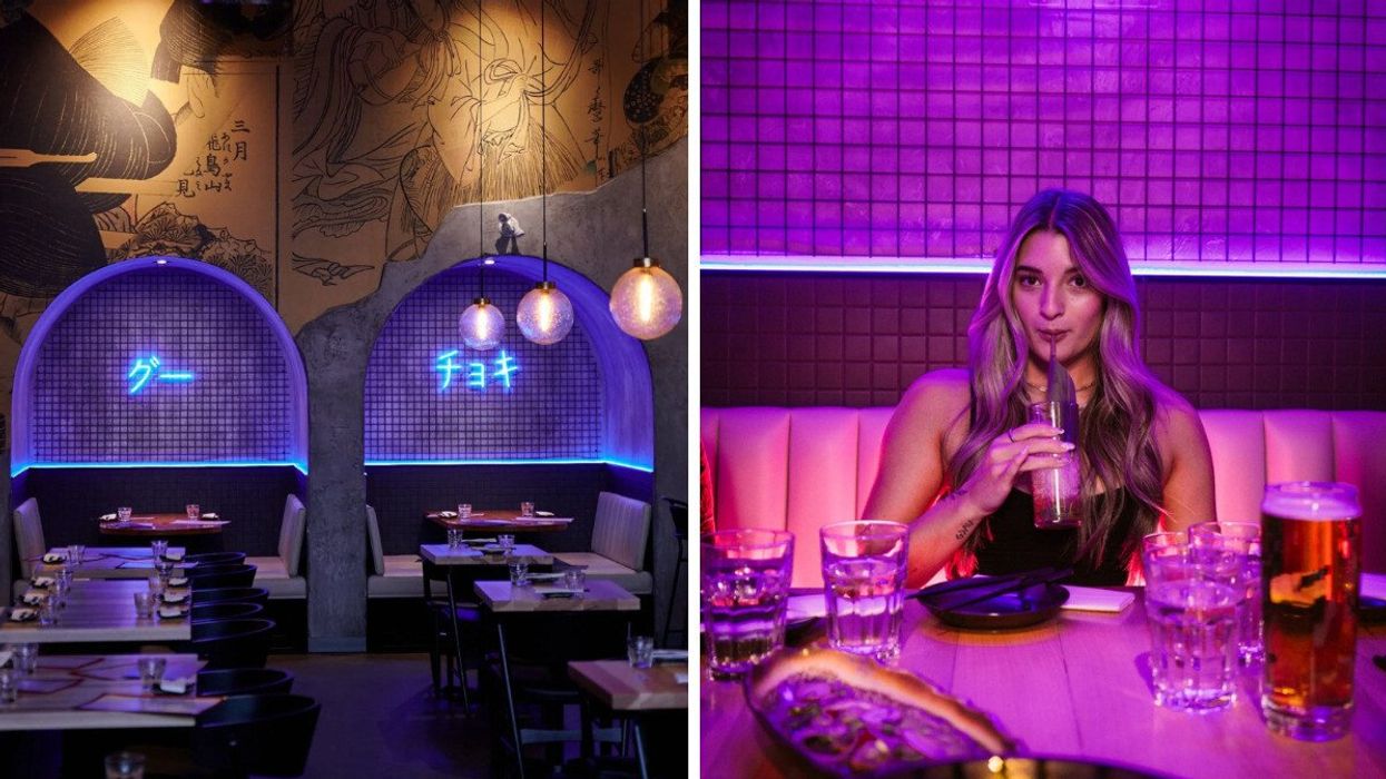 The neon-light seating area in Iru Izakaya. Right: A woman sips a drink in a booth inside Iru Izakaya.
