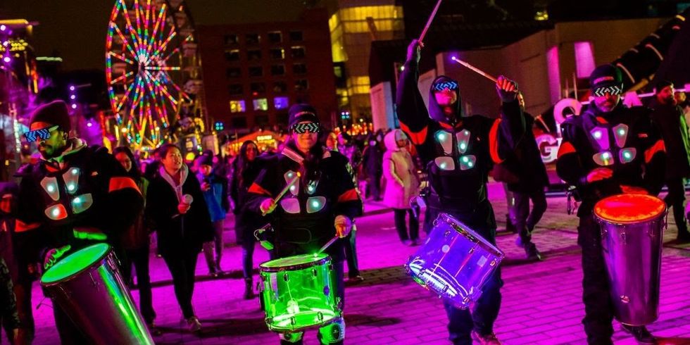 The neon-lit drummers of Barantanga Montreal.