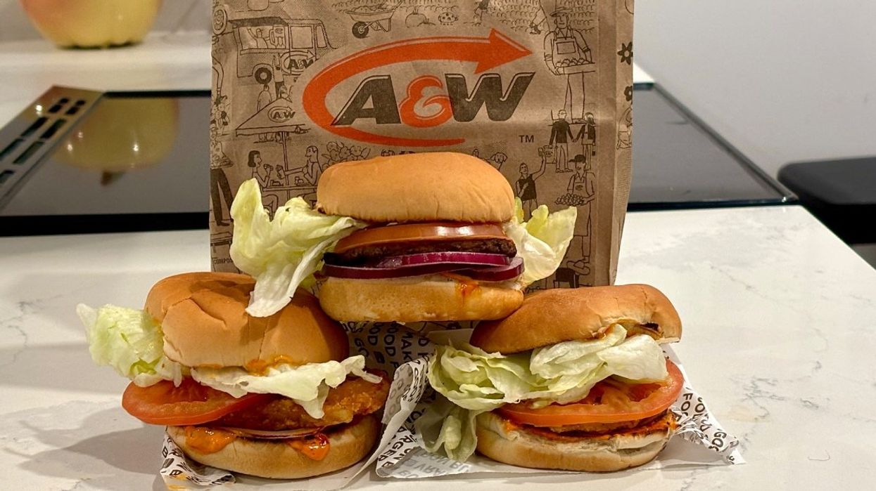 The new A&W Spicy Piri-Piri Buddy Burgers from left to right: The Chicken Piri-Piri Buddy, the Beef Piri-Piri Buddy, and the Potato Piri-Piri Buddy.