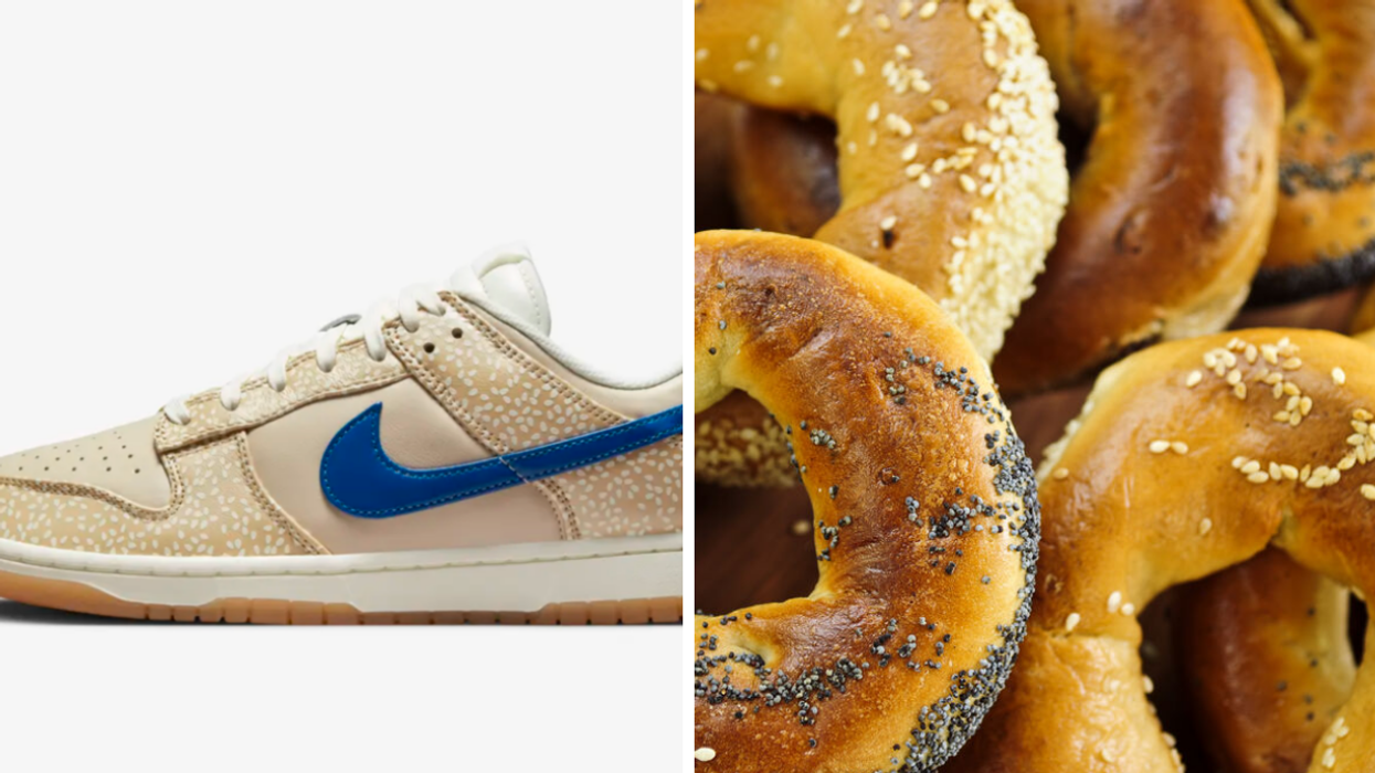 The new Dunk Low Montreal Bagel design. Right: A pile of Montreal bagels.